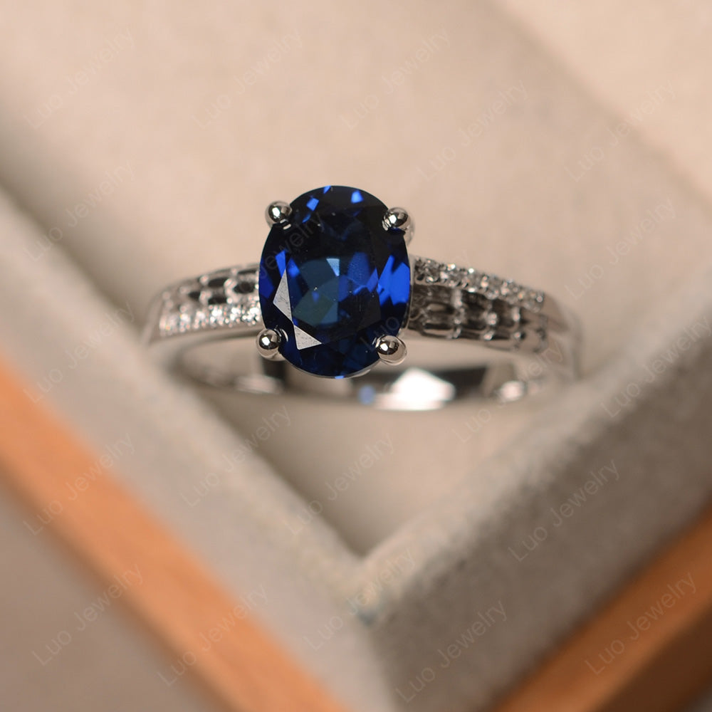 Oval Cut Vintage Lab Sapphire Ring White Gold - LUO Jewelry