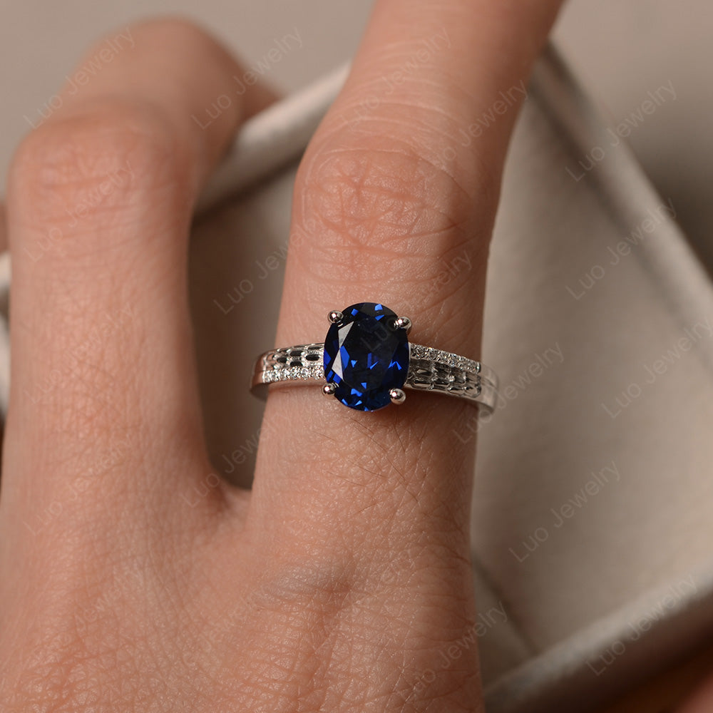 Oval Cut Vintage Lab Sapphire Ring White Gold - LUO Jewelry