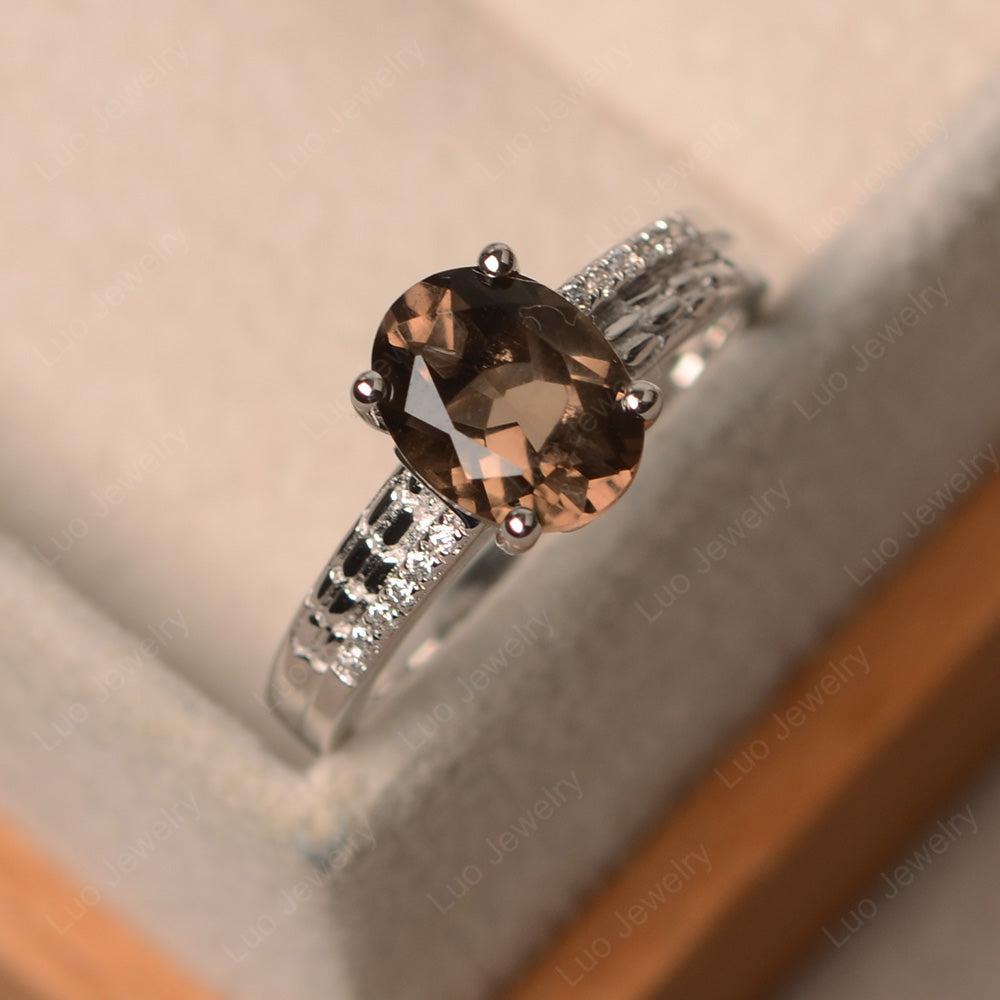 Oval Cut Vintage Smoky Quartz  Ring White Gold - LUO Jewelry