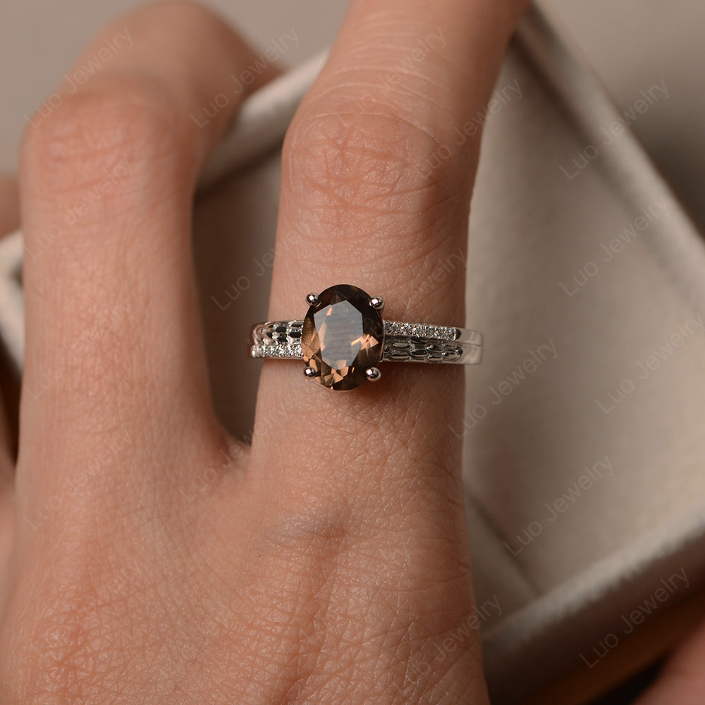 Oval Cut Vintage Smoky Quartz  Ring White Gold - LUO Jewelry