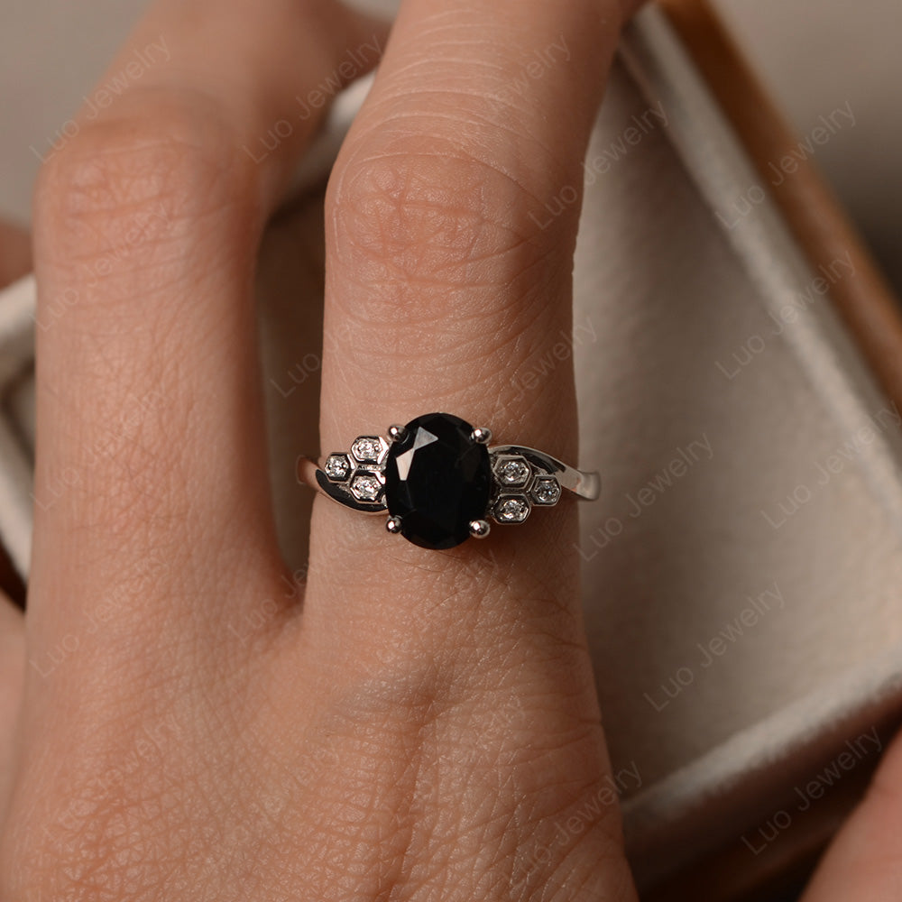 Oval Cut Eccentric Black Spinel Ring Yellow Gold - LUO Jewelry