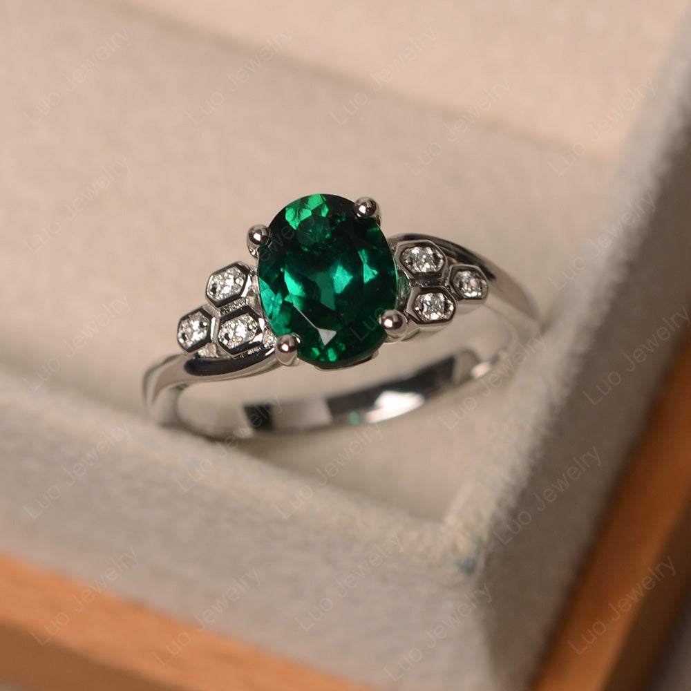 Oval Cut Eccentric Lab Emerald Ring Yellow Gold - LUO Jewelry