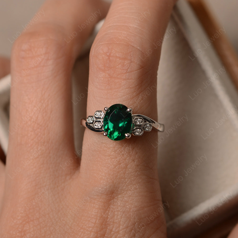 Oval Cut Eccentric Lab Emerald Ring Yellow Gold - LUO Jewelry