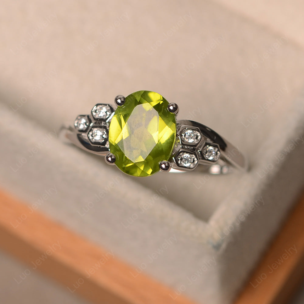 Oval Cut Eccentric Peridot Ring Yellow Gold - LUO Jewelry