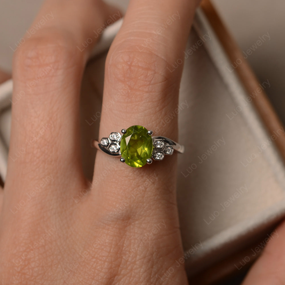 Oval Cut Eccentric Peridot Ring Yellow Gold - LUO Jewelry