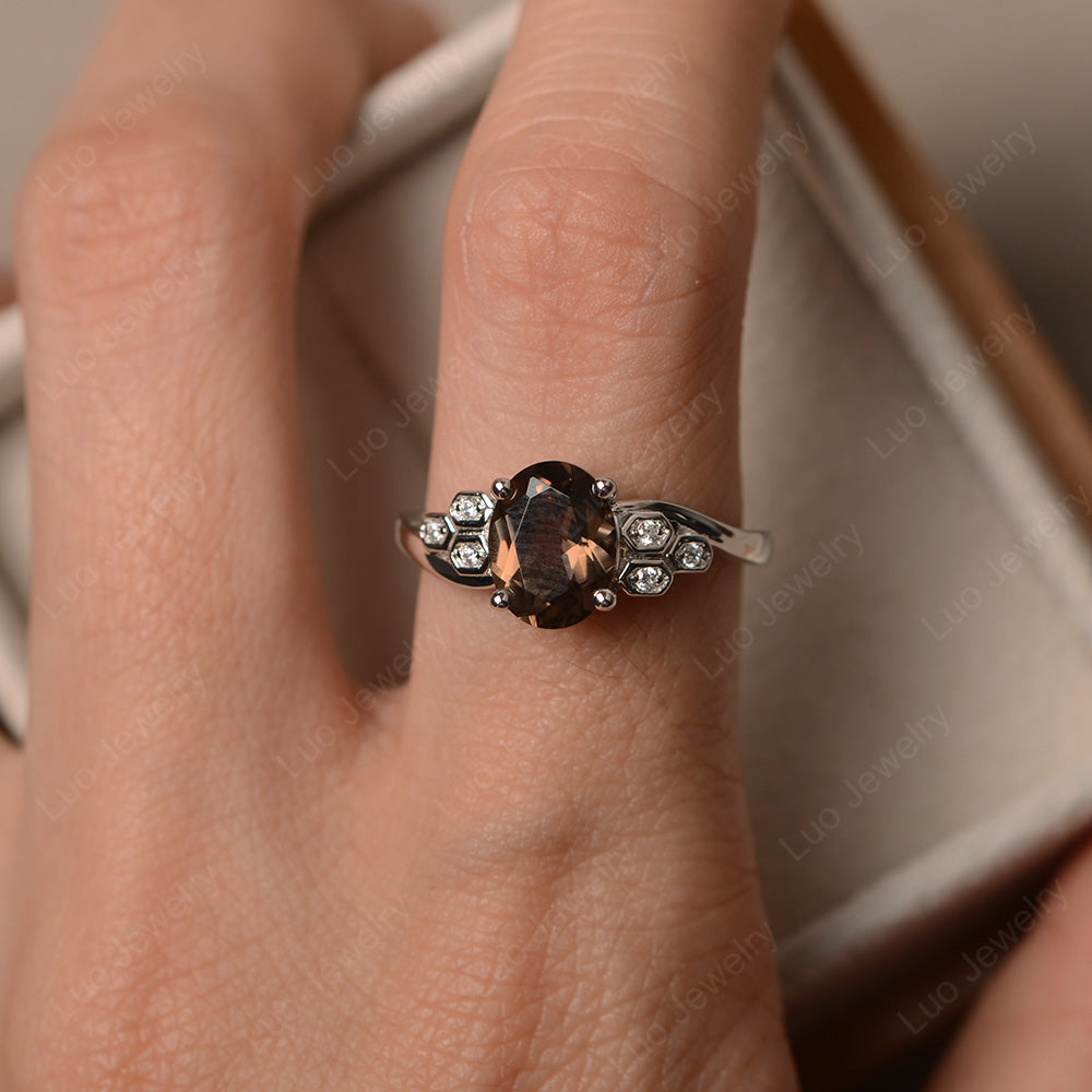 Oval Cut Eccentric Smoky Quartz  Ring Yellow Gold - LUO Jewelry