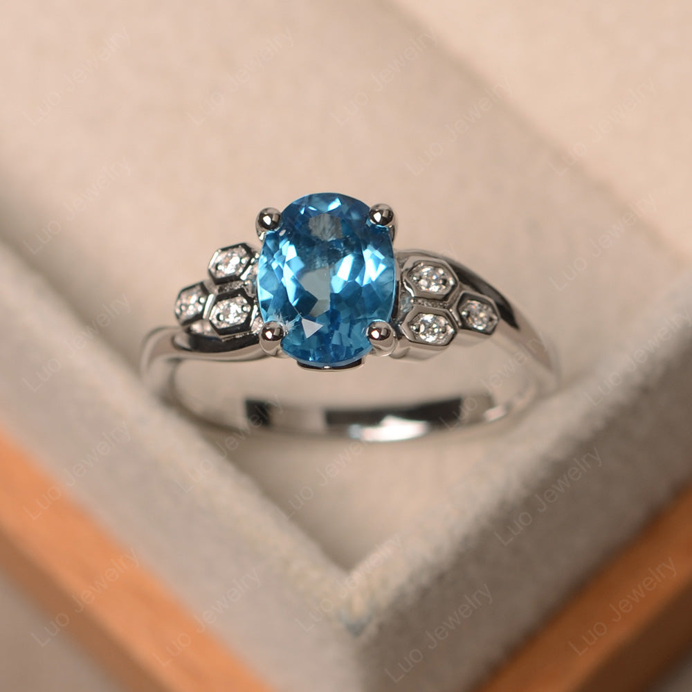 Oval Cut Eccentric Swiss Blue Topaz Ring Yellow Gold - LUO Jewelry