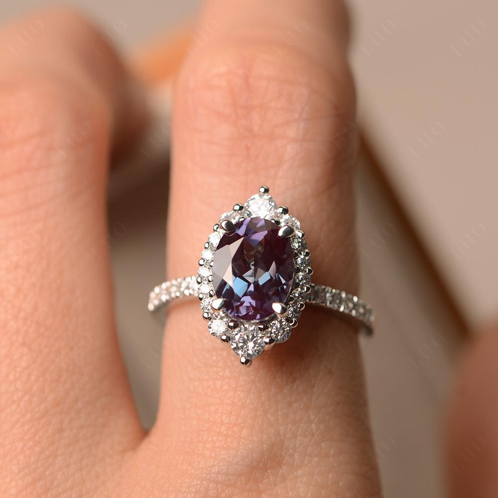 Lab Alexandrite Ring Halo Engagement Ring - LUO Jewelry