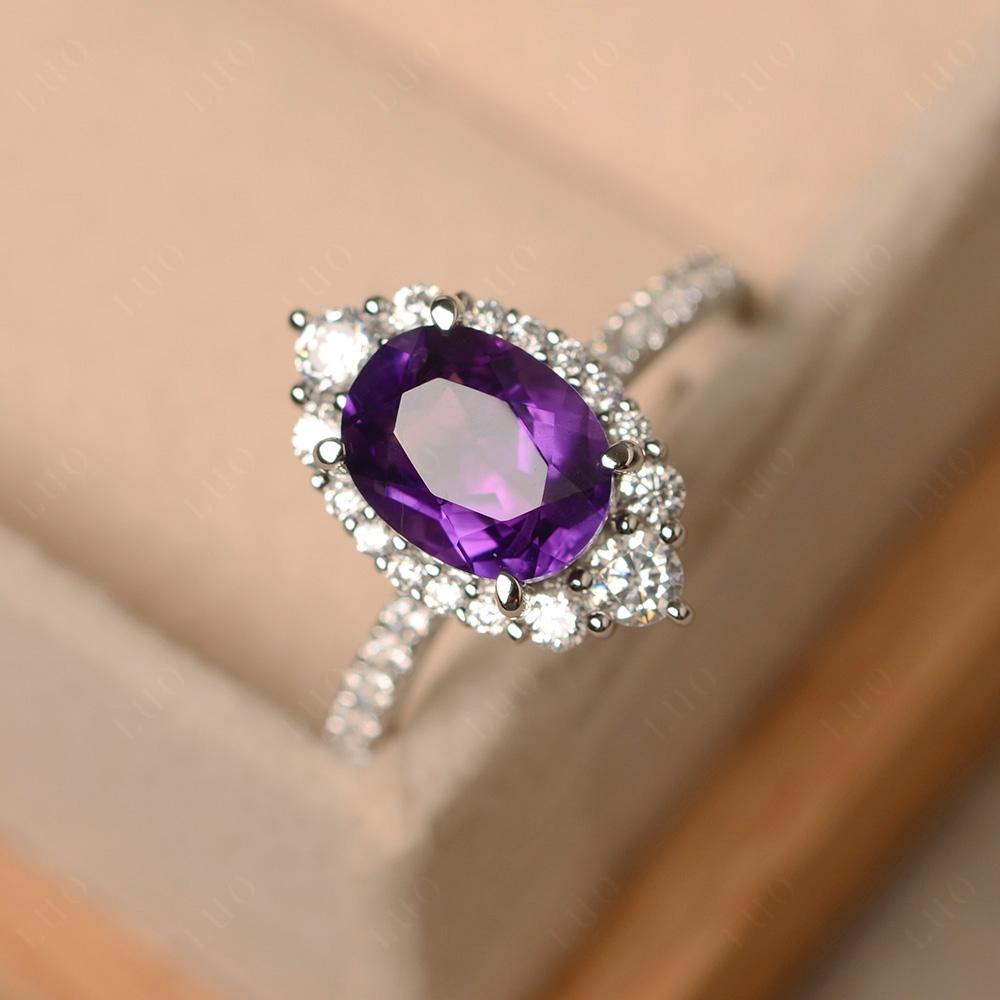 Amethyst Ring Halo Engagement Ring - LUO Jewelry