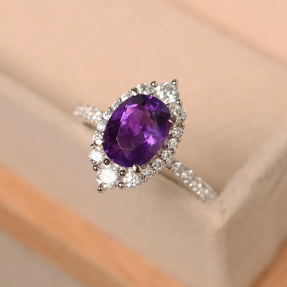 Amethyst Ring Halo Engagement Ring - LUO Jewelry