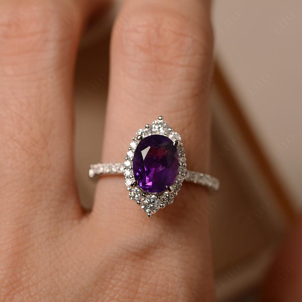 Amethyst Ring Halo Engagement Ring - LUO Jewelry