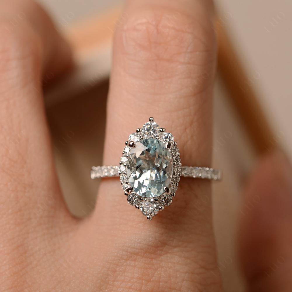 Aquamarine Ring Halo Engagement Ring - LUO Jewelry