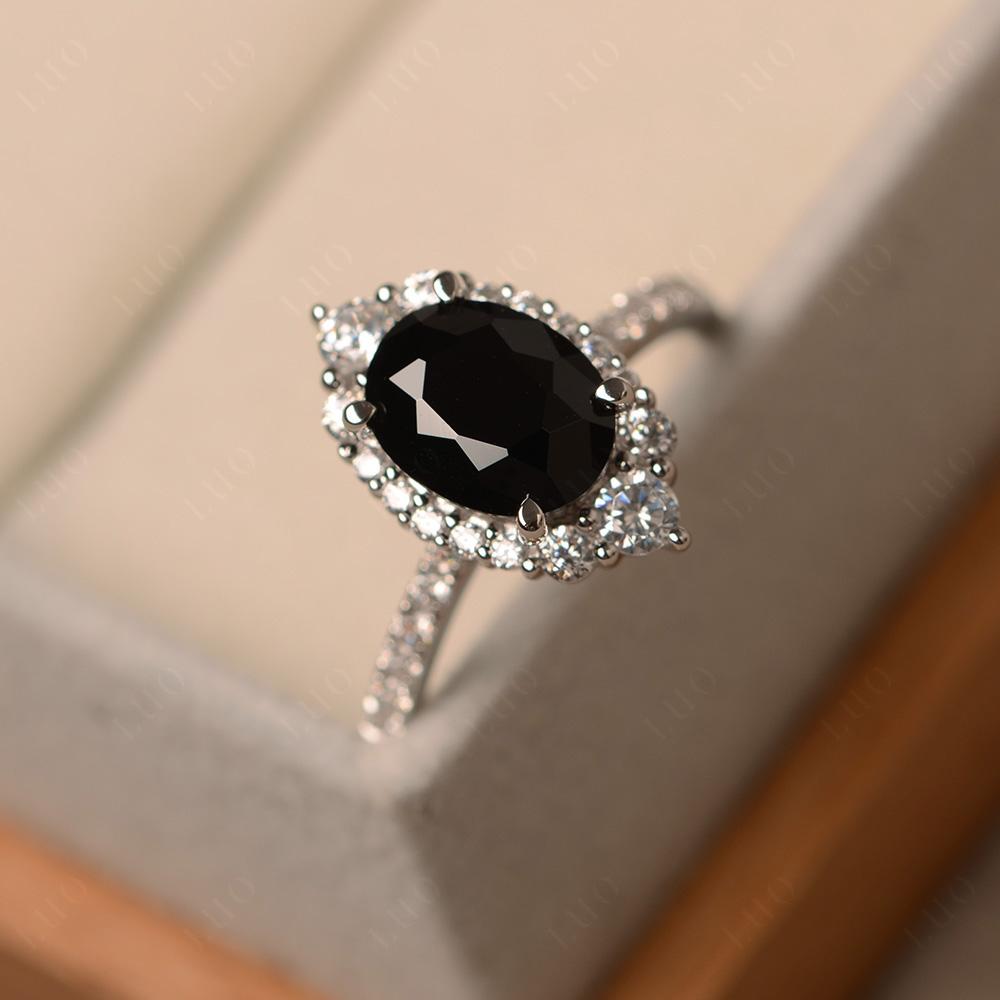Black Stone Ring Halo Engagement Ring - LUO Jewelry
