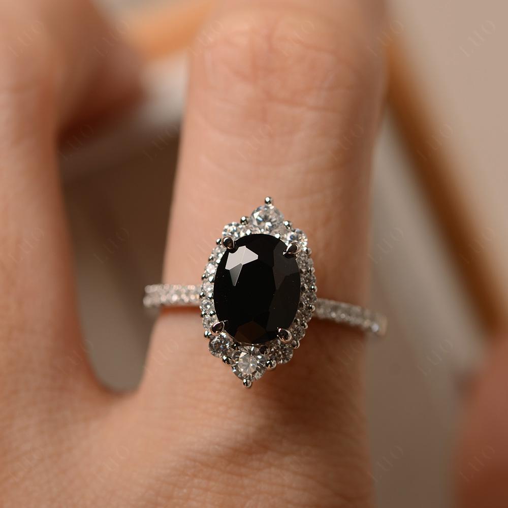 Black Stone Ring Halo Engagement Ring - LUO Jewelry