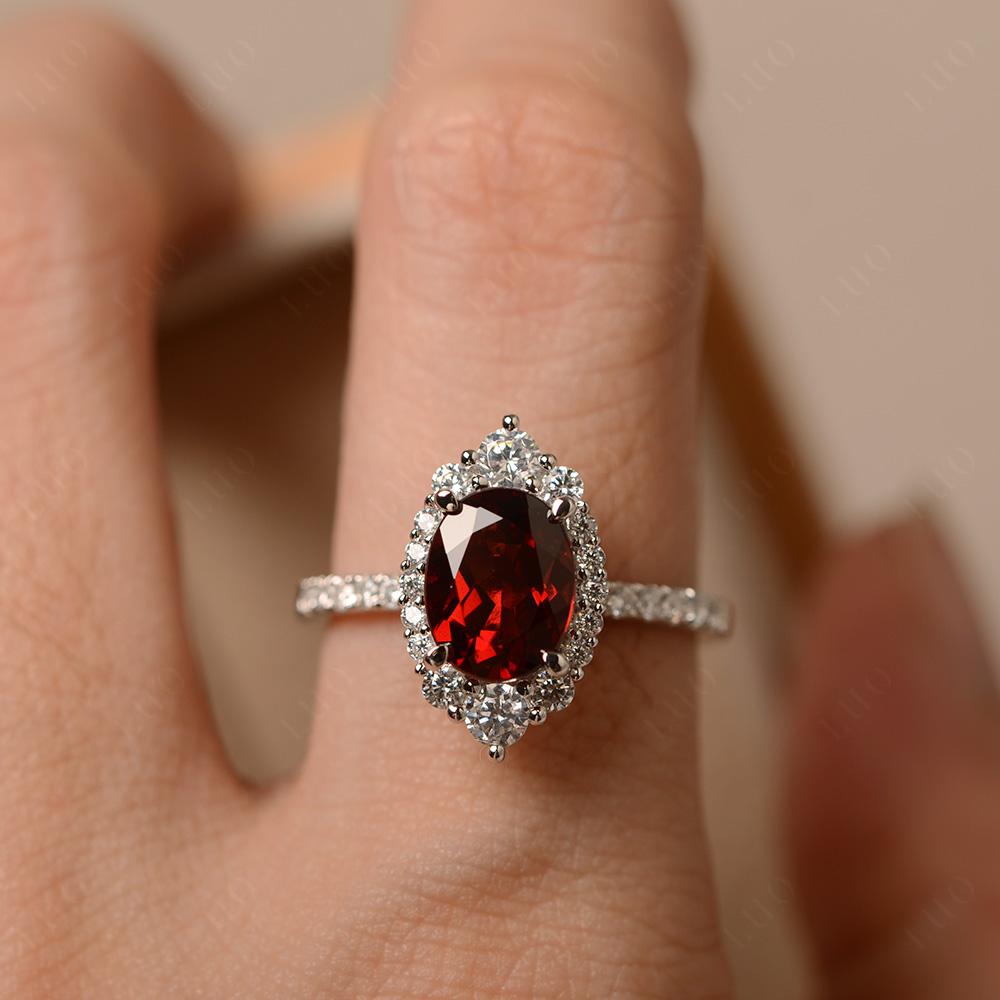 Garnet Ring Halo Engagement Ring - LUO Jewelry