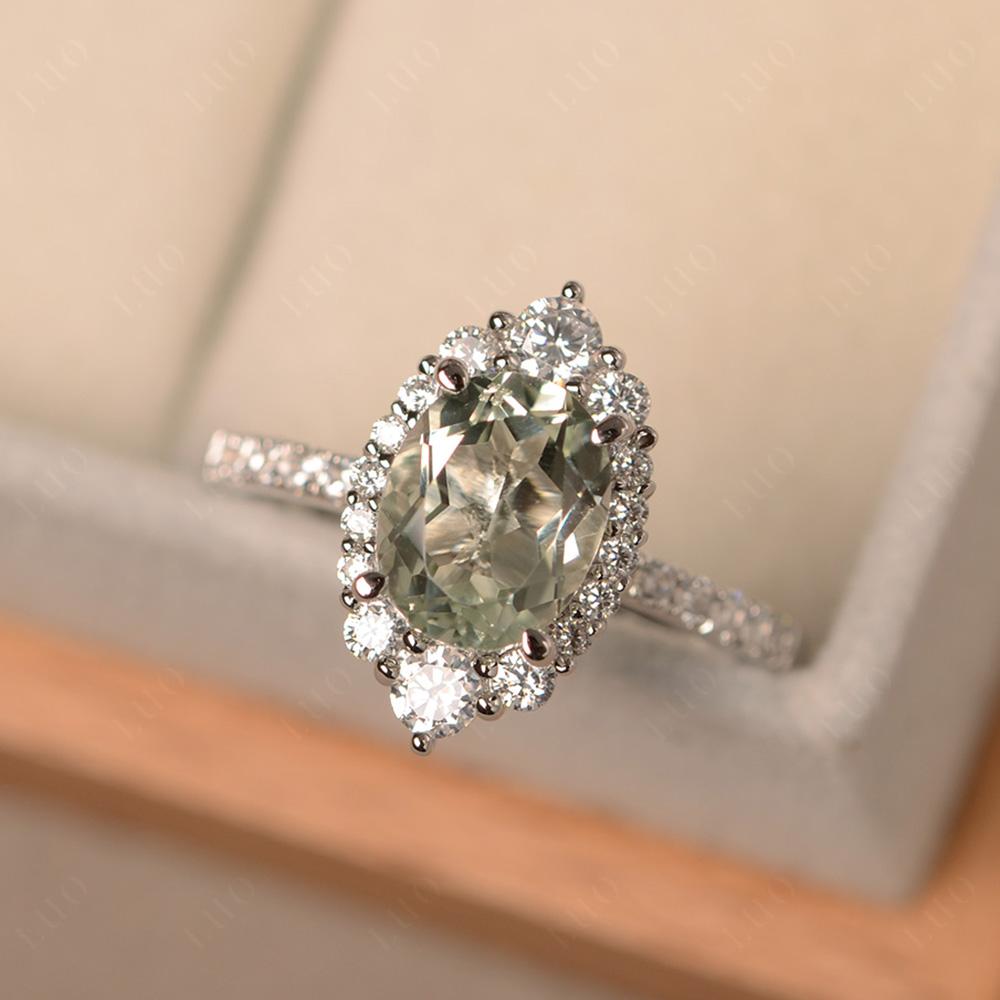 Green Amethyst Ring Halo Engagement Ring - LUO Jewelry