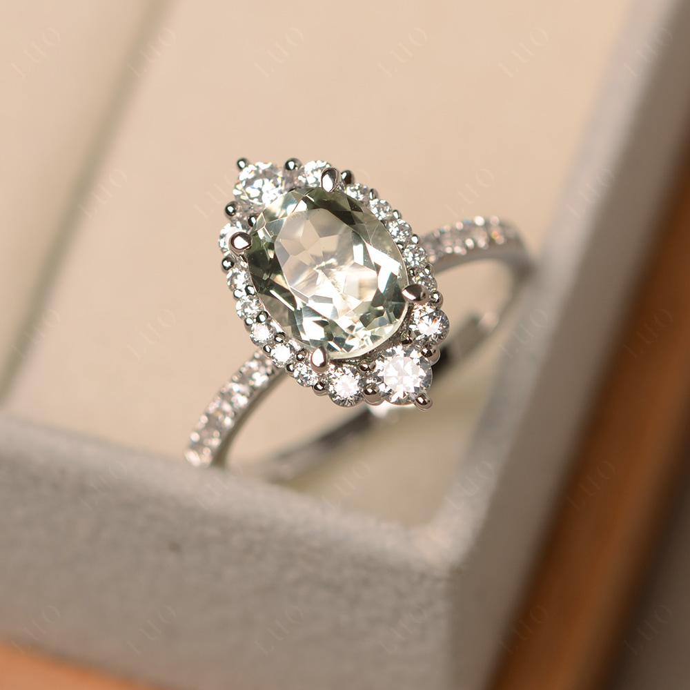 Green Amethyst Ring Halo Engagement Ring - LUO Jewelry