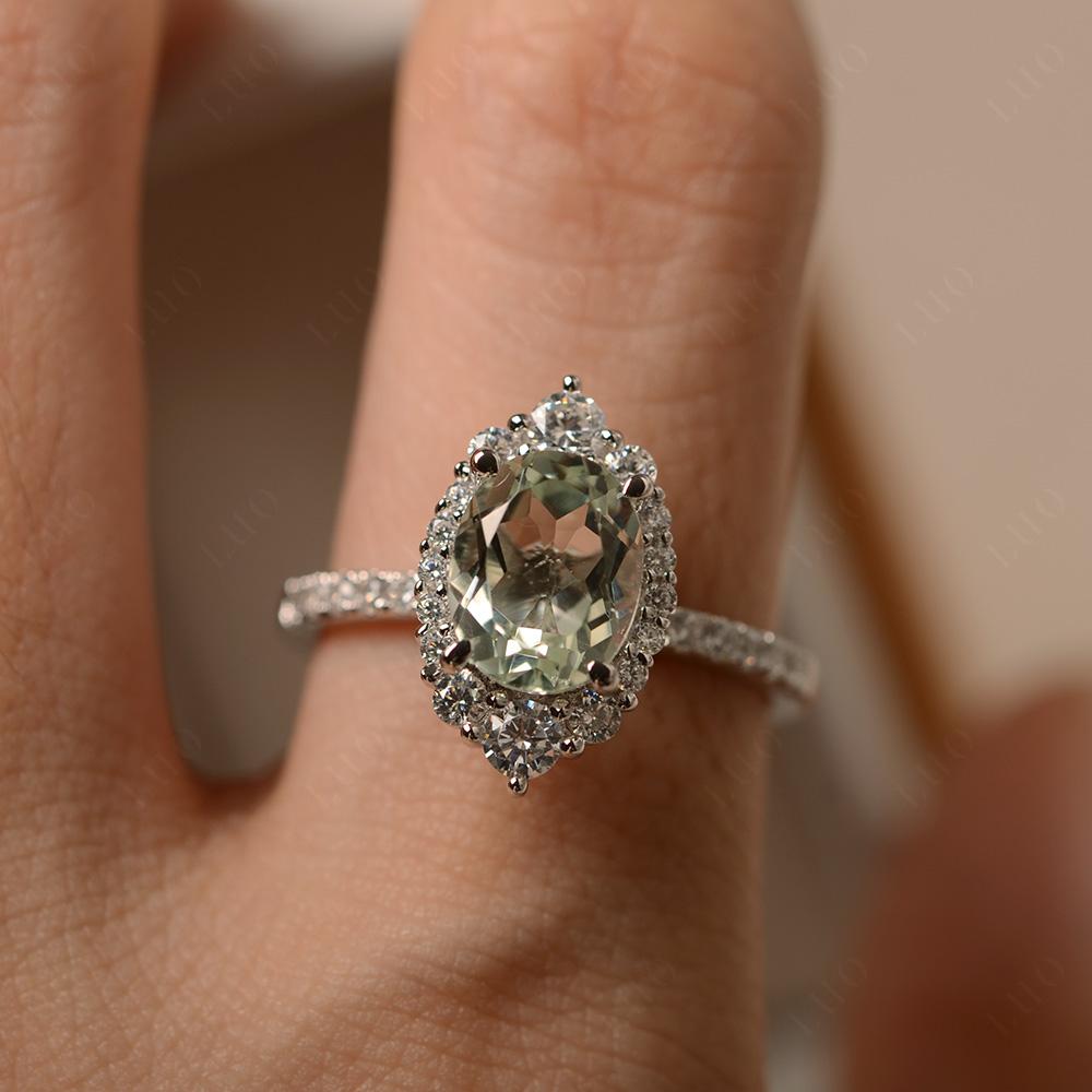 Green Amethyst Ring Halo Engagement Ring - LUO Jewelry