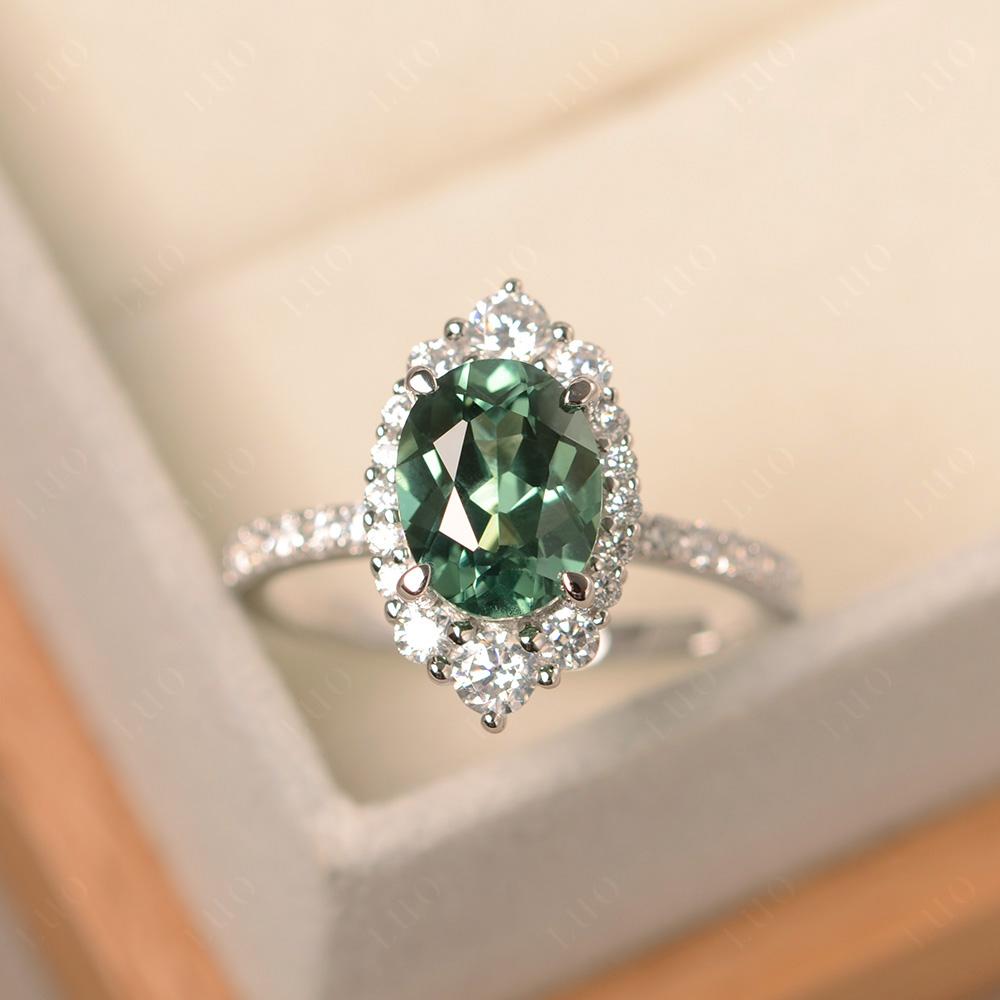 Green Sapphire Ring Halo Engagement Ring - LUO Jewelry