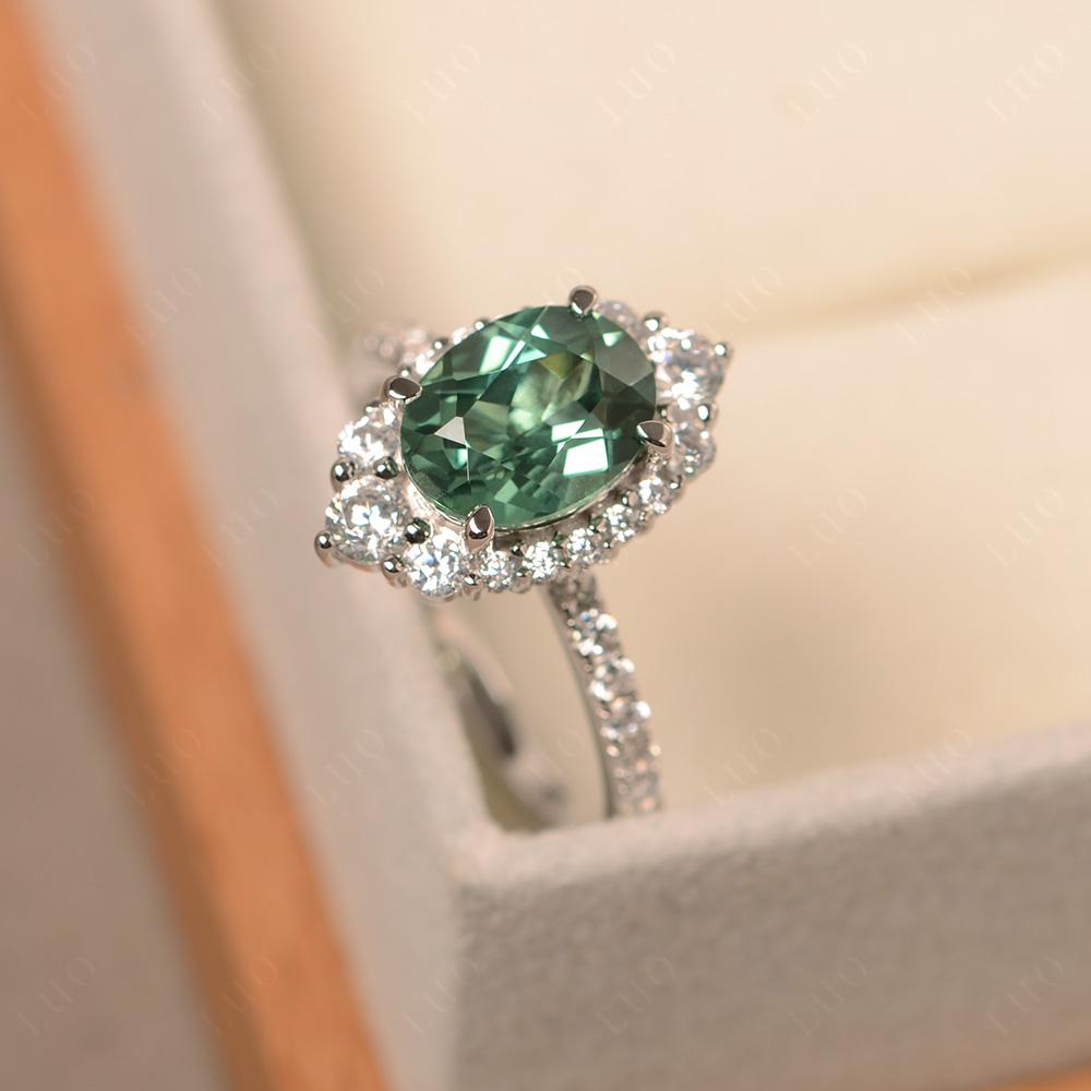 Green Sapphire Ring Halo Engagement Ring - LUO Jewelry