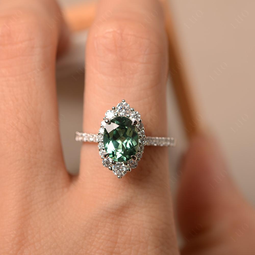 Green Sapphire Ring Halo Engagement Ring - LUO Jewelry