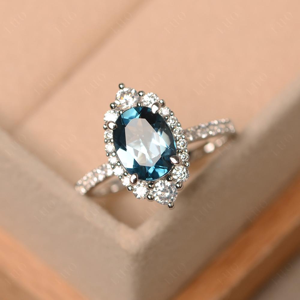 London Blue Topaz Ring Halo Engagement Ring - LUO Jewelry