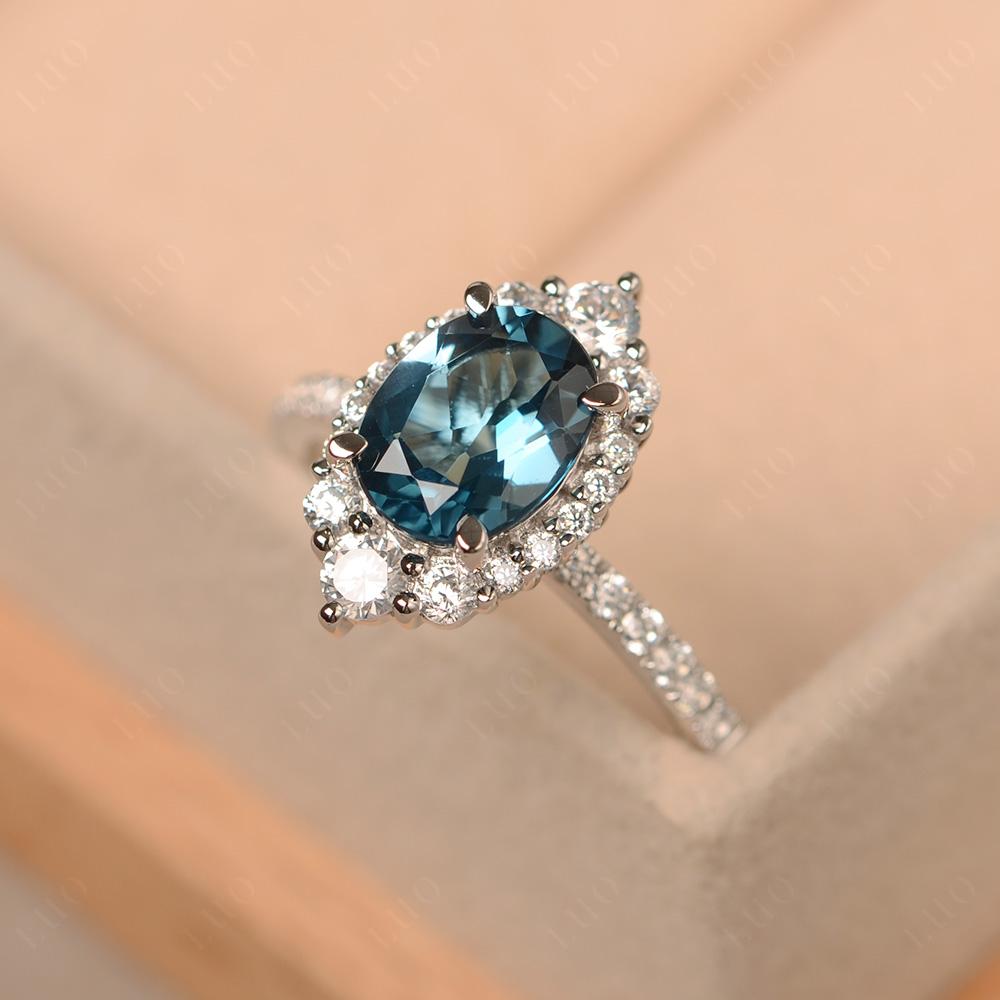 London Blue Topaz Ring Halo Engagement Ring - LUO Jewelry