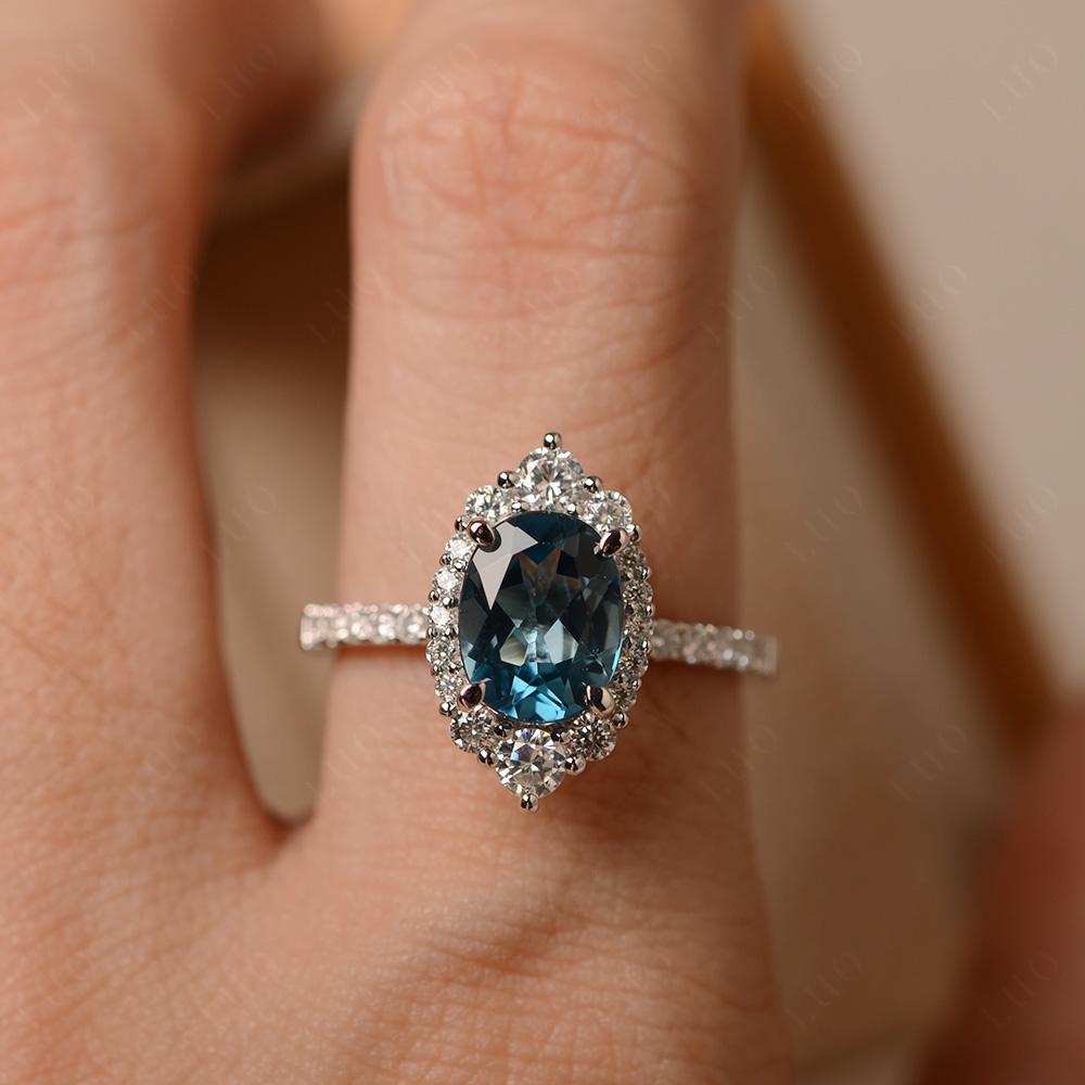 London Blue Topaz Ring Halo Engagement Ring - LUO Jewelry