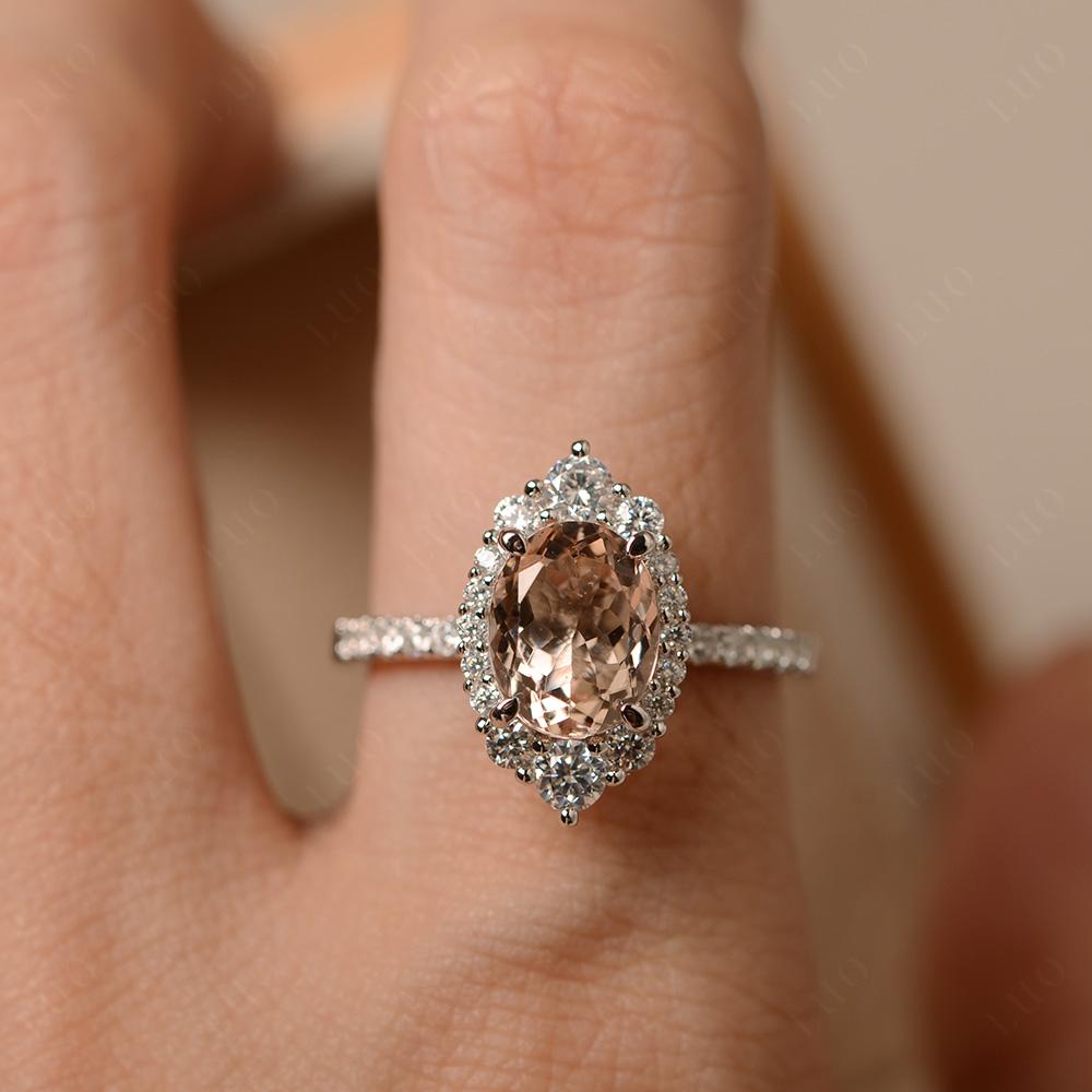 Morganite Ring Halo Engagement Ring - LUO Jewelry