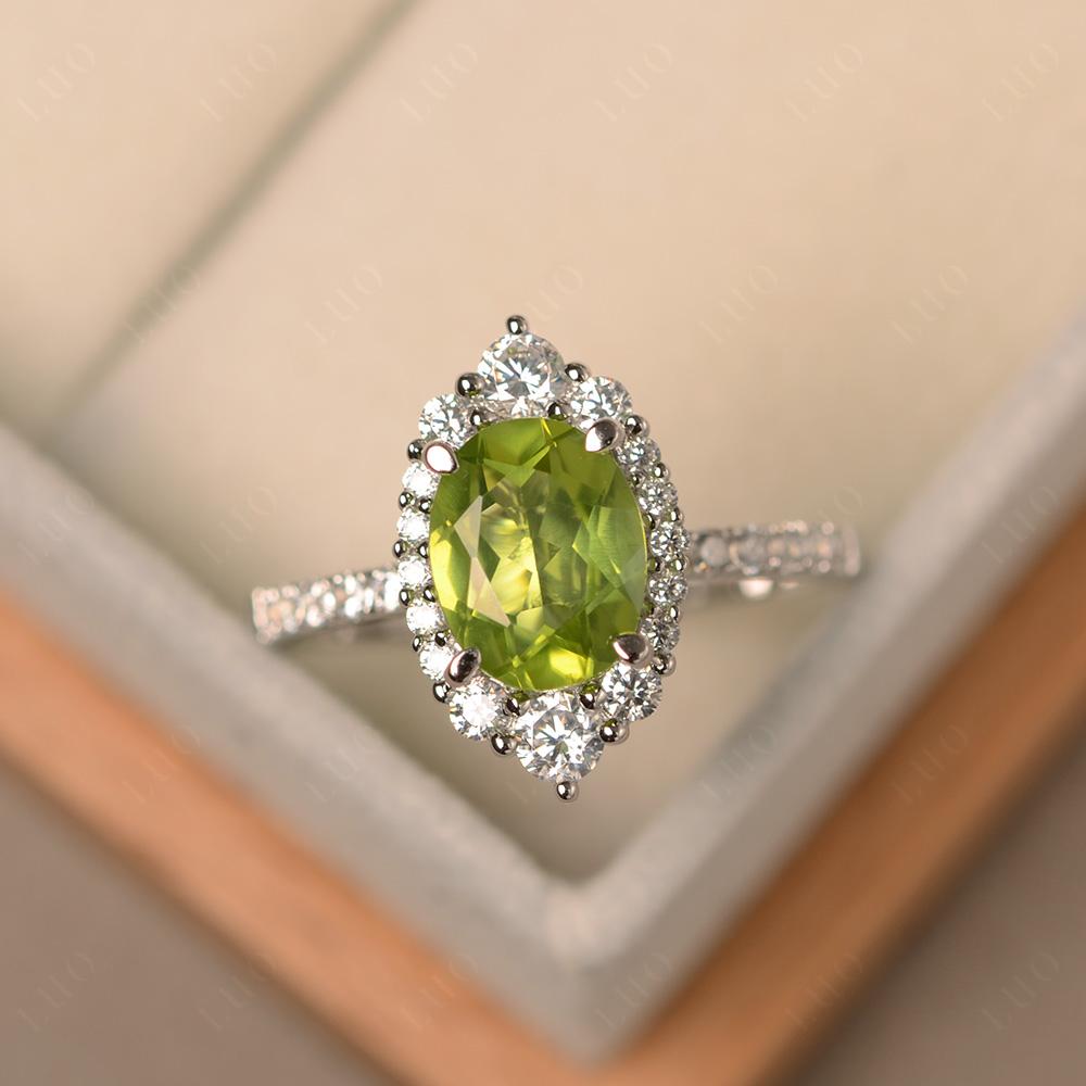 Peridot Ring Halo Engagement Ring - LUO Jewelry