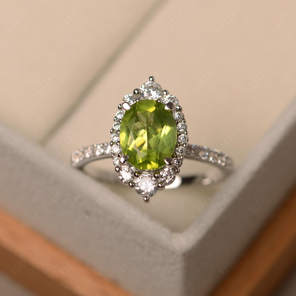 Peridot Ring Halo Engagement Ring - LUO Jewelry
