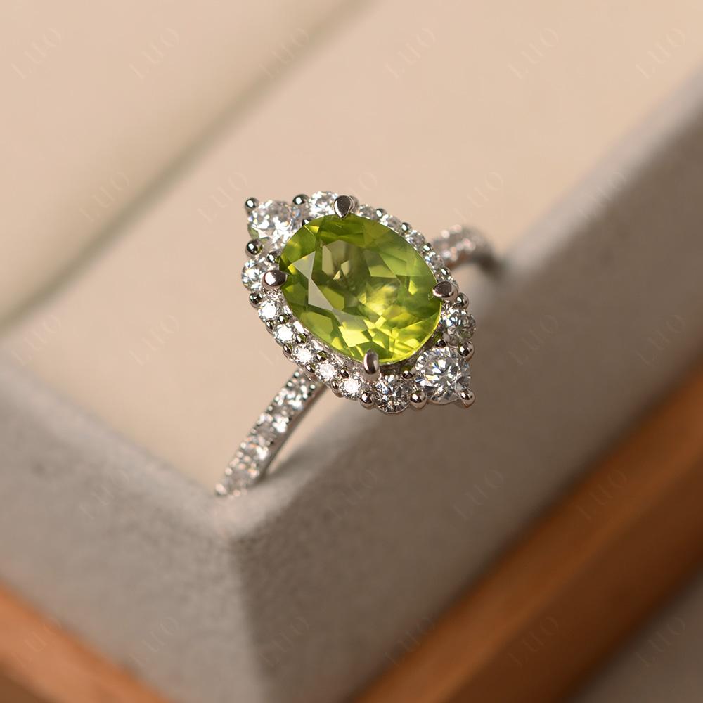 Peridot Ring Halo Engagement Ring - LUO Jewelry