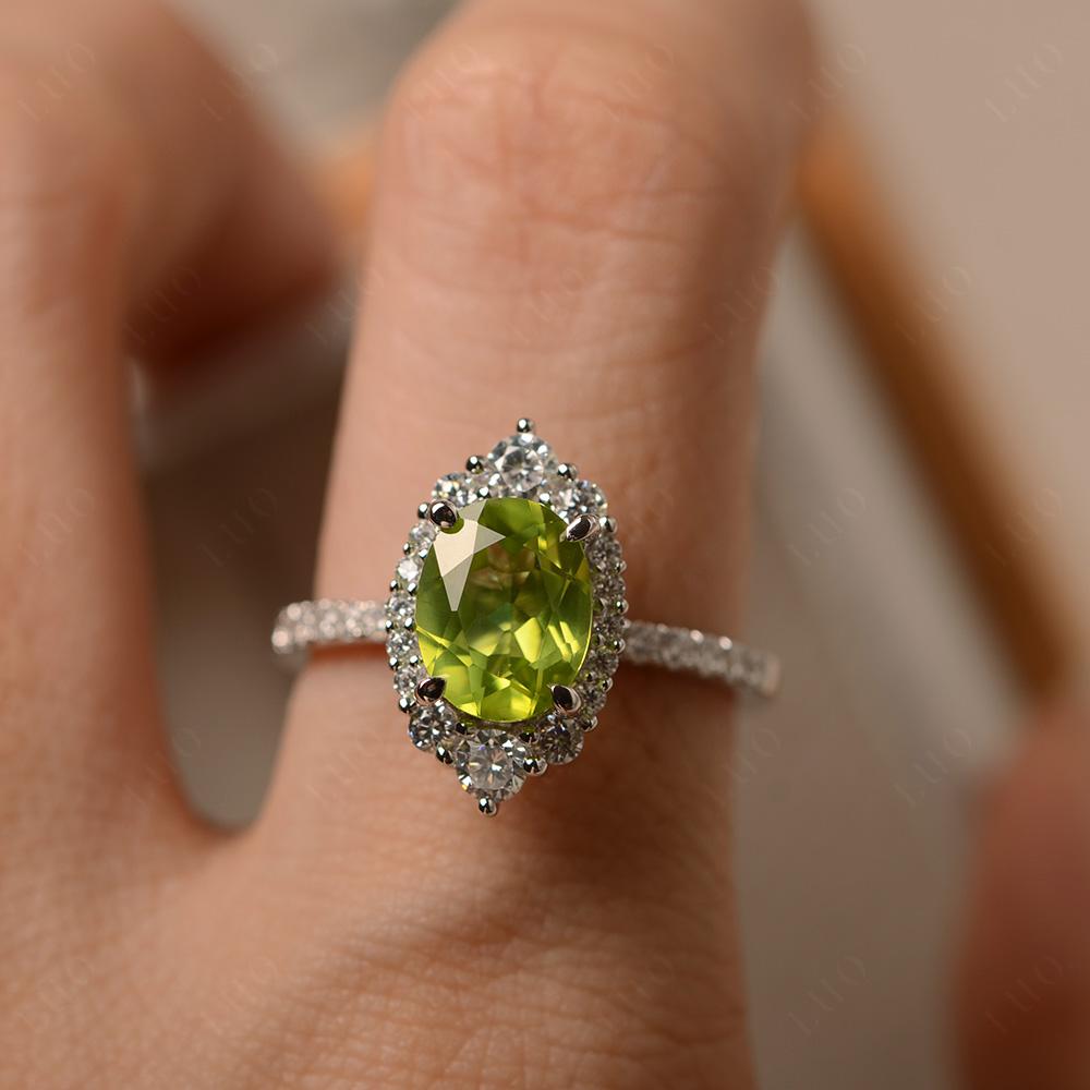 Peridot Ring Halo Engagement Ring - LUO Jewelry