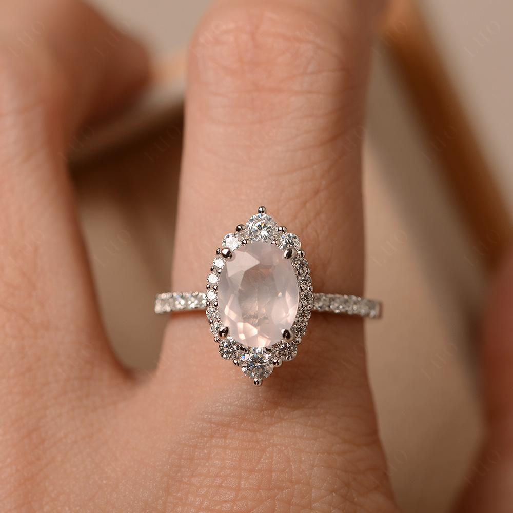 Rose Quartz Ring Halo Engagement Ring - LUO Jewelry