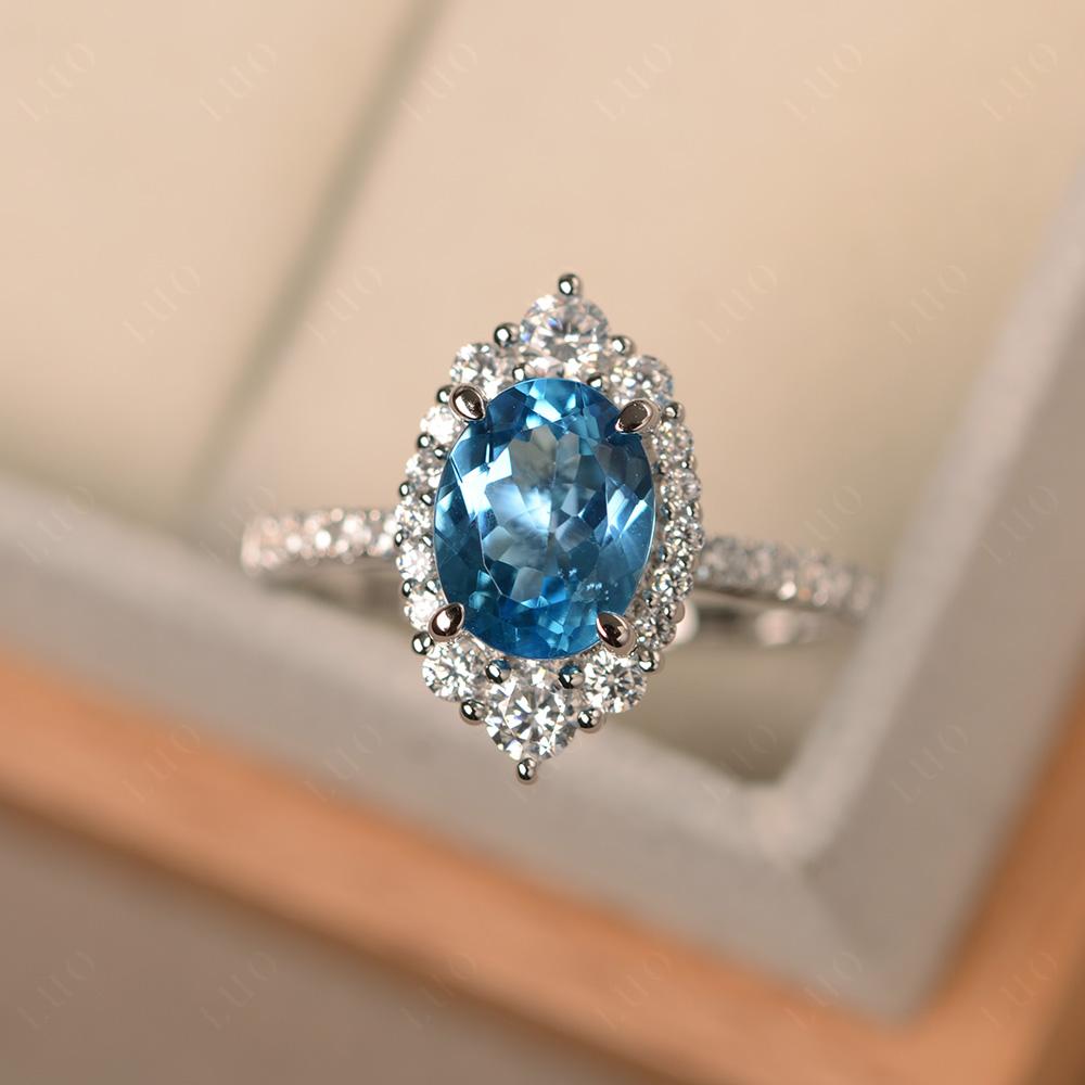 Swiss Blue Topaz Ring Halo Engagement Ring - LUO Jewelry