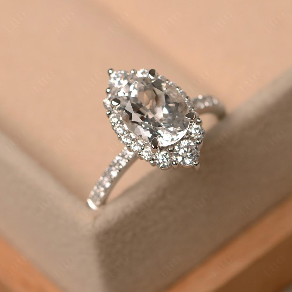 White Topaz Ring Halo Engagement Ring - LUO Jewelry