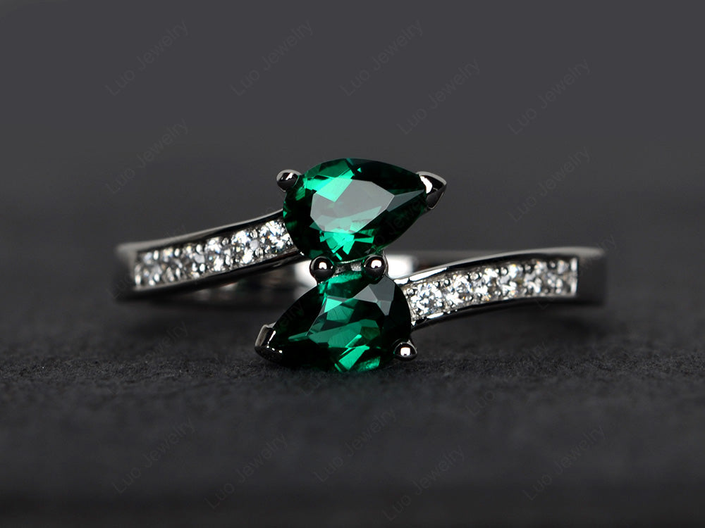 2 Stone Pear Lab Emerald Mothers Ring For Mom - LUO Jewelry