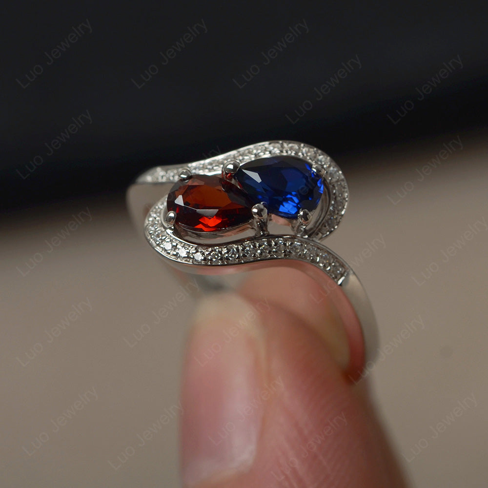 Two Stone Pear Shaped Garnet and Lab Sapphire Mothers Ring - LUO Jewelry