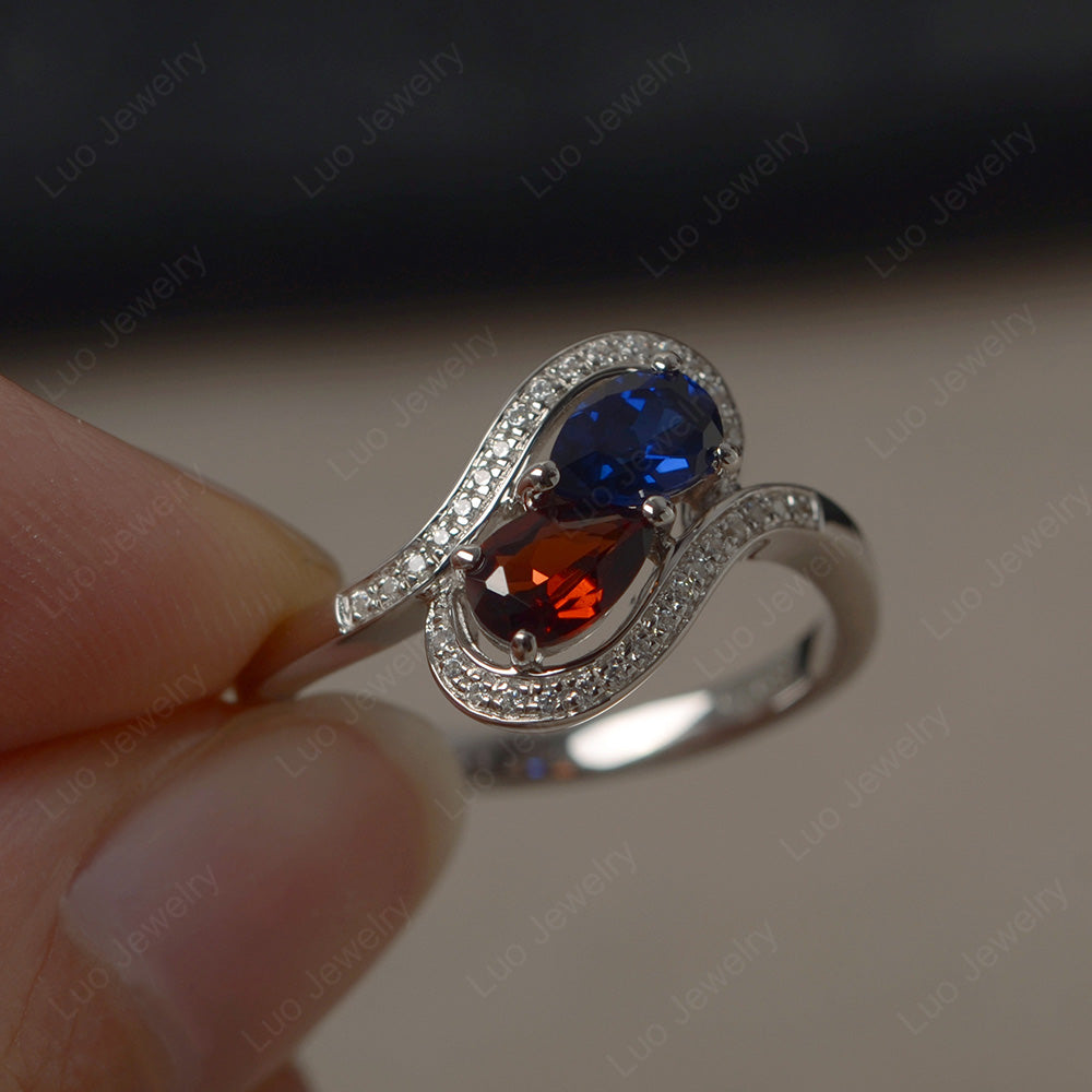 Two Stone Pear Shaped Garnet and Lab Sapphire Mothers Ring - LUO Jewelry