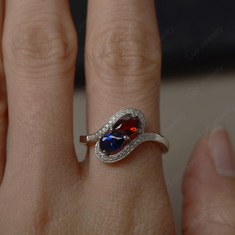 Two Stone Pear Shaped Garnet and Lab Sapphire Mothers Ring - LUO Jewelry