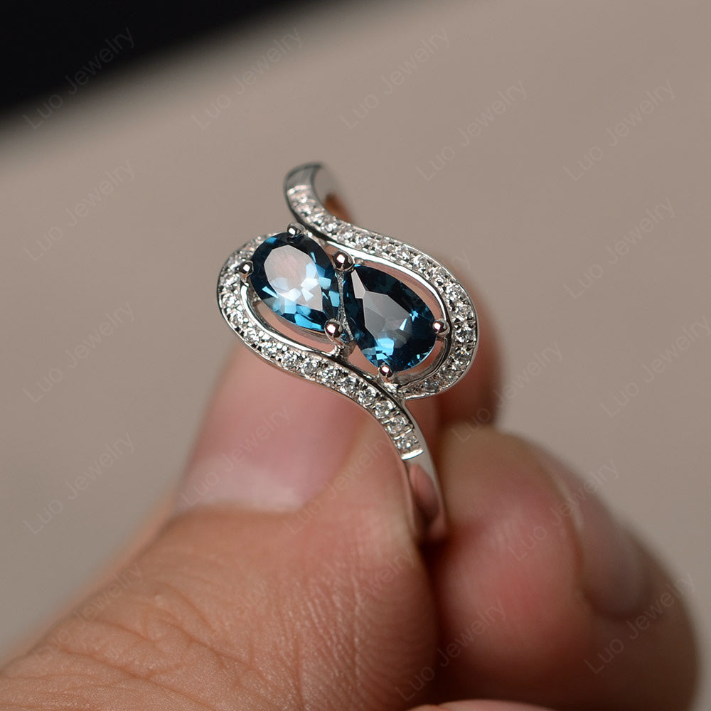 Two Stone Pear Shaped London Blue Topaz Mothers Ring - LUO Jewelry
