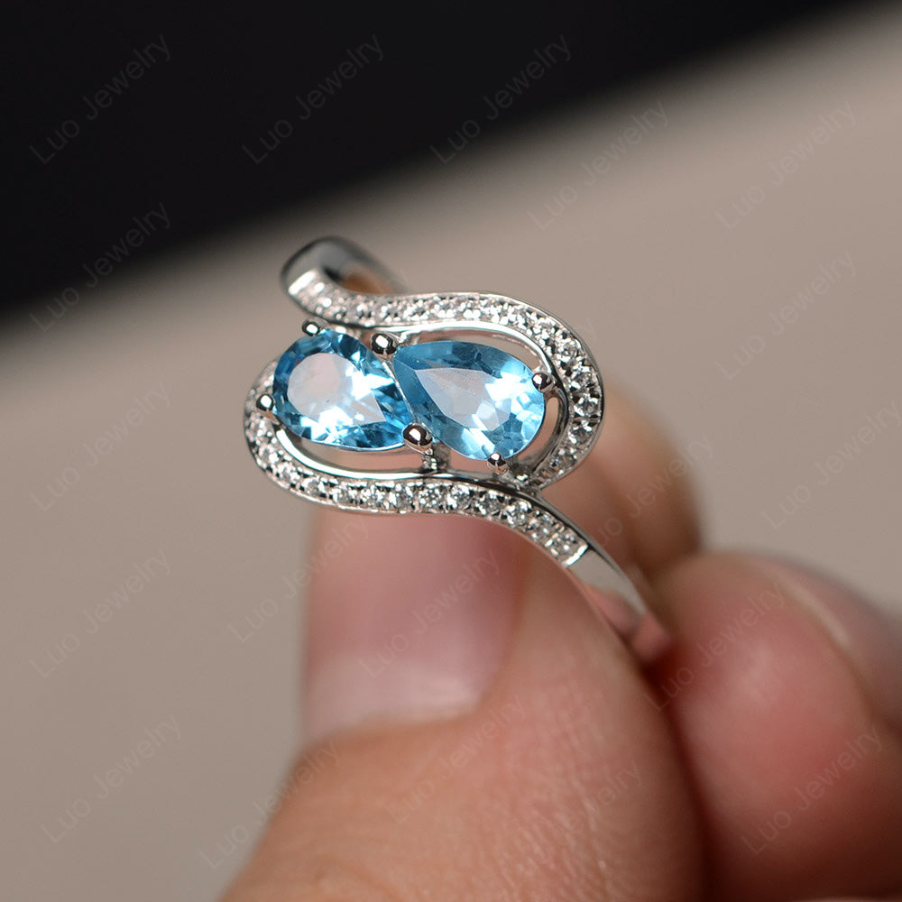 Two Stone Pear Shaped Swiss Blue Topaz Mothers Ring - LUO Jewelry