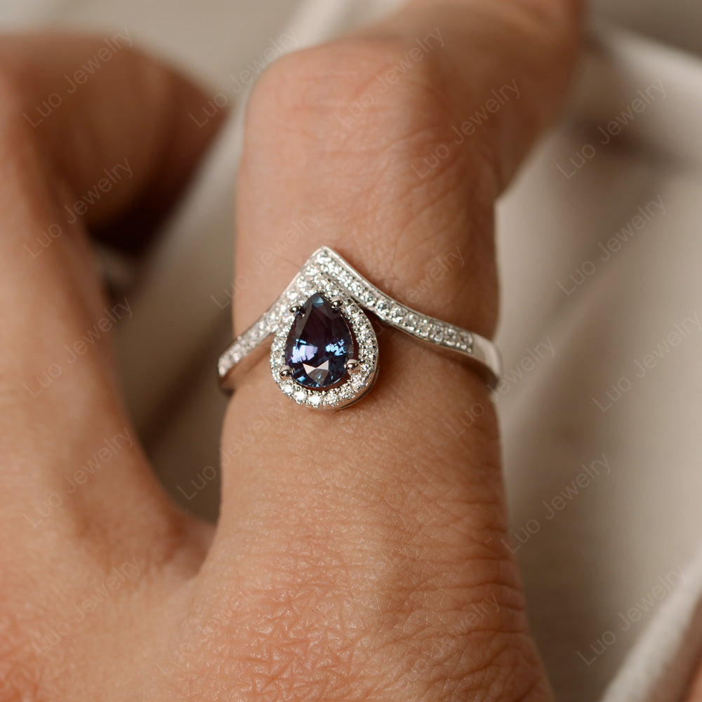 Teardrop Shaped Alexandrite Halo Engagement Ring - LUO Jewelry