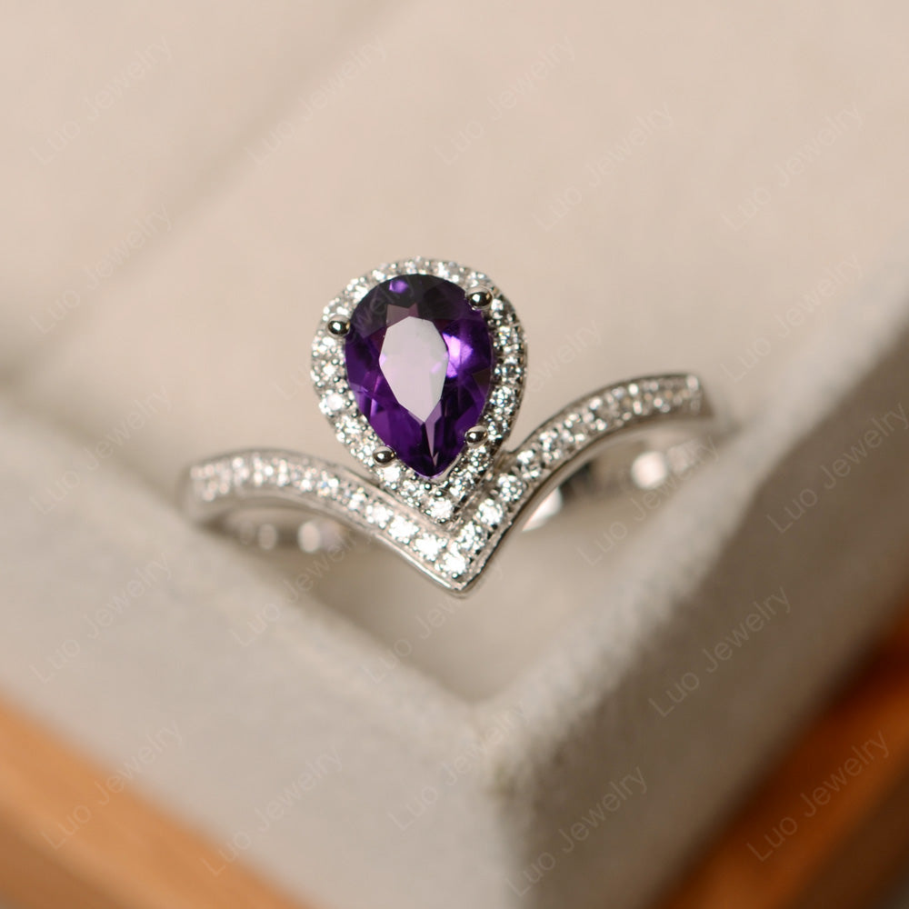 Teardrop Shaped Amethyst Halo Engagement Ring - LUO Jewelry