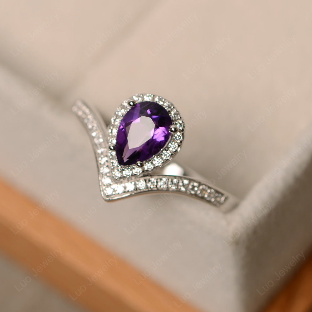 Teardrop Shaped Amethyst Halo Engagement Ring - LUO Jewelry