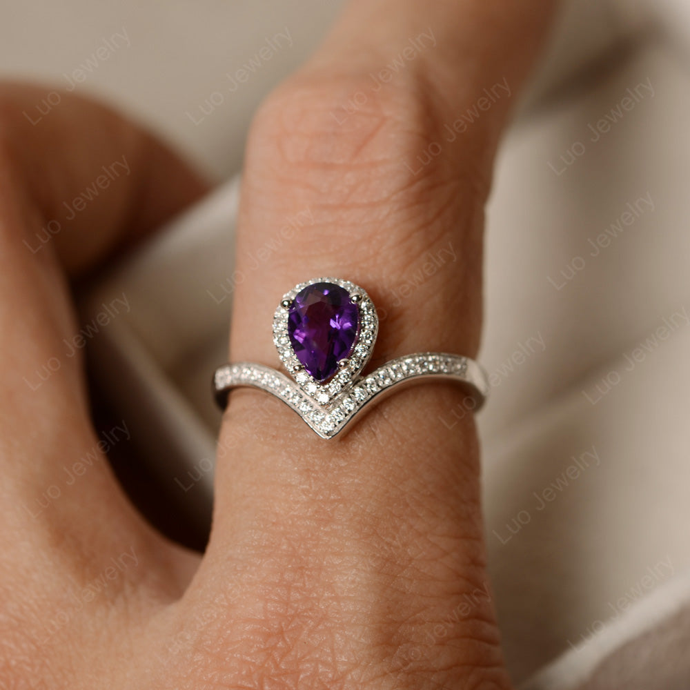 Teardrop Shaped Amethyst Halo Engagement Ring - LUO Jewelry