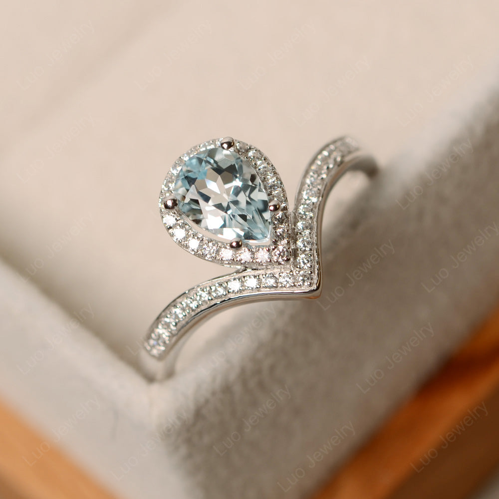 Teardrop Shaped Aquamarine Halo Engagement Ring - LUO Jewelry