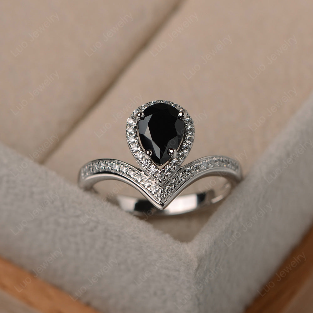 Teardrop Shaped Black Spinel Halo Engagement Ring - LUO Jewelry