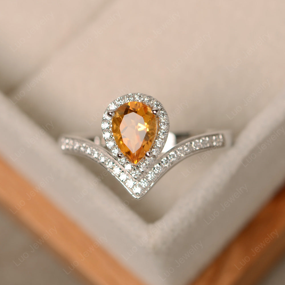 Teardrop Shaped Citrine Halo Engagement Ring - LUO Jewelry