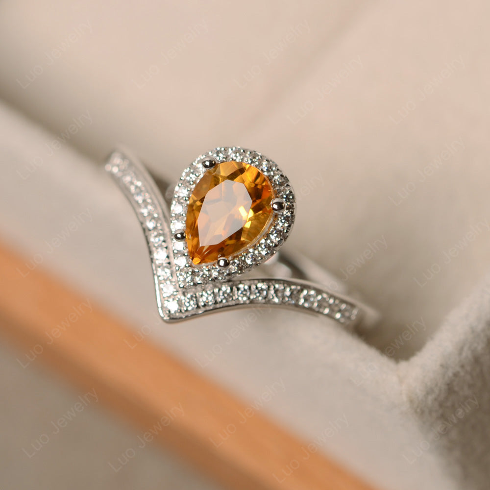 Teardrop Shaped Citrine Halo Engagement Ring - LUO Jewelry